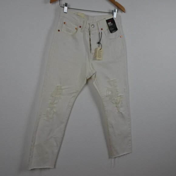 Levi's 501 Cropped Jeans Women's 27x26 White Denim Distressed Button Fly - Picture 5 of 13